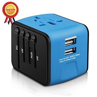 HAOZI Universal Travel Adapter, All-in-one International Power Adapter with 2.4A Dual USB, European Adapter Travel Power Adapter Wall Charger for UK, EU, AU, Asia Covers 150+Countries (Blue)