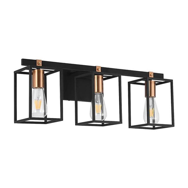 Modern Industrial Bathroom Vanity Light Fixtures 3 Lights Liwuu Black and Antique Brass Gold Metal Cage Farmhouse Rustic Wall Sconce Lighting Bath Vintage Vanity Lights Bar Over Mirror