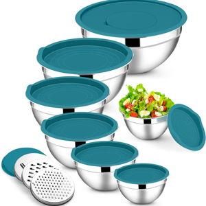 E-far Mixing Bowls with Lids Set, 7-Piece Stainless Steel Mixing Bowls with 3 Grater Attachments, Size 4.6, 3.5, 2.6, 2, 1.5, 1, 0.7QT, Metal Nesting Bowls & Blue Airtight Lids, For Baking/Cooking