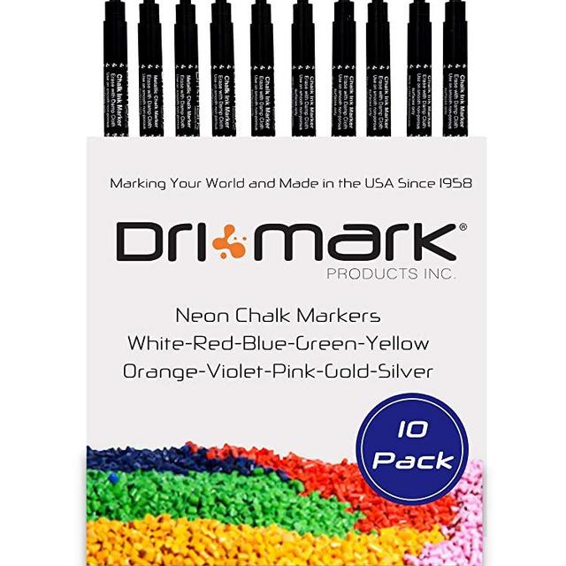 Dri Mark Liquid Chalk Markers 8 Neon + 2 Free Gold & Silver Metallic Chalk Markers 10 Pack, Made in USA, Non-Toxic, Odor Free, No Shaking, Pumping, Leaks or Spills, Wet Erase on Non-Porous Surfaces