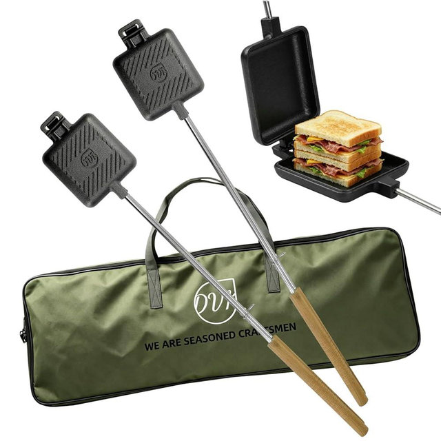 DVK 2Pcs Cast Iron Sandwich Maker for Campfire, Pre-seasoned Pie Iron with Detachable Long Wood Handle and Storage Bag, Portable Toasted Sandwich Cooker for Outdoor Camping and Fire Pit Cooking