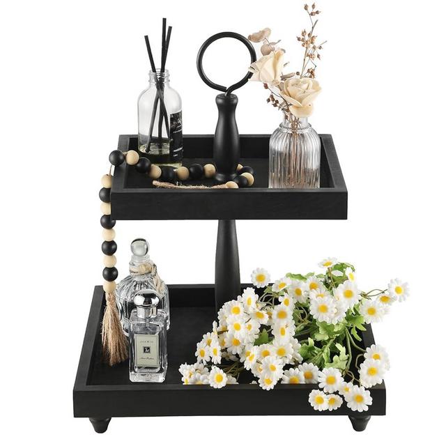 Rustic Wooden 2 Tiered Tray, SYNCVIBE Square Wooden Serving Decorative Trays with Metal Handle for Farmhouse Party Table Decor Housewarming Gifts Black with Bead Garland