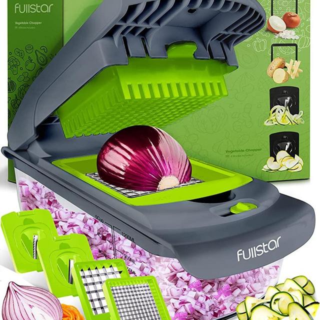 Fullstar Vegetable Chopper - Spiralizer Vegetable Slicer - Onion Chopper with Container - Pro Food Chopper - Green Slicer Dicer Cutter - 4 Blades