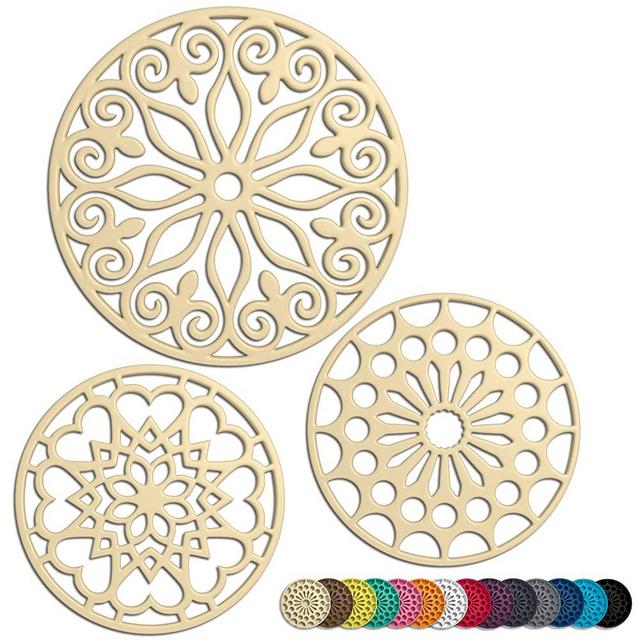 3 Set Silicone Trivet Mats With 1 Extra Large Included | Intricately Carved Insulated Flexible Durable Non Slip Thick Round Premium Trivets for Hot pots and pans | Beige Milkshake