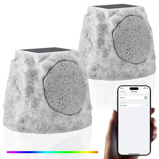 GGII 2-Pack Rock Speakers Outdoor Water-Resistant IP44 Solar-Powered Rock Speaker with RGB Light and TWS Pair for Patio Garden Party Pool Deck Yard Outside