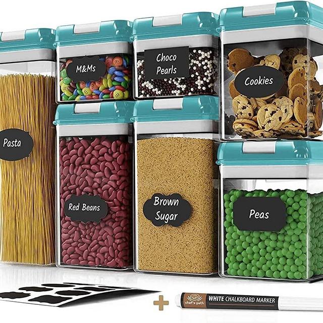 Airtight Food Storage Containers for Pantry Organization & Storage - 7 PC Pantry Organizer Plastic Containers for Food with Flip Lock Lids - Stackable Sugar Container & Food Storage Canisters (Teal)