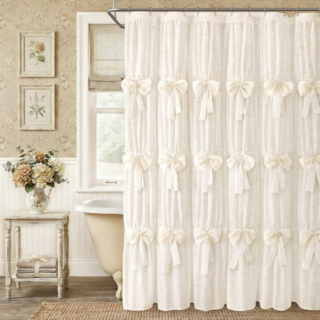 XOGUIBO Farmhouse Bows Shower Curtain Cute Vintage Ruffle Shower Curtains for Bathroom,Cream,72" W x 72" L