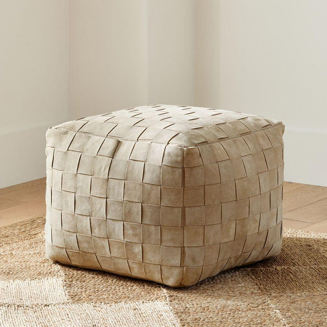 Suede Basketweave Pouf, 18" x 18" x 14", Stone