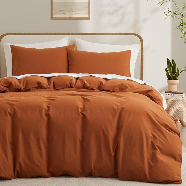Burnt Orange Cotton Duvet Cover King Size, Linen Like Natural Bedding Set with Zipper Closure (No Comforter), 104x90 Inches