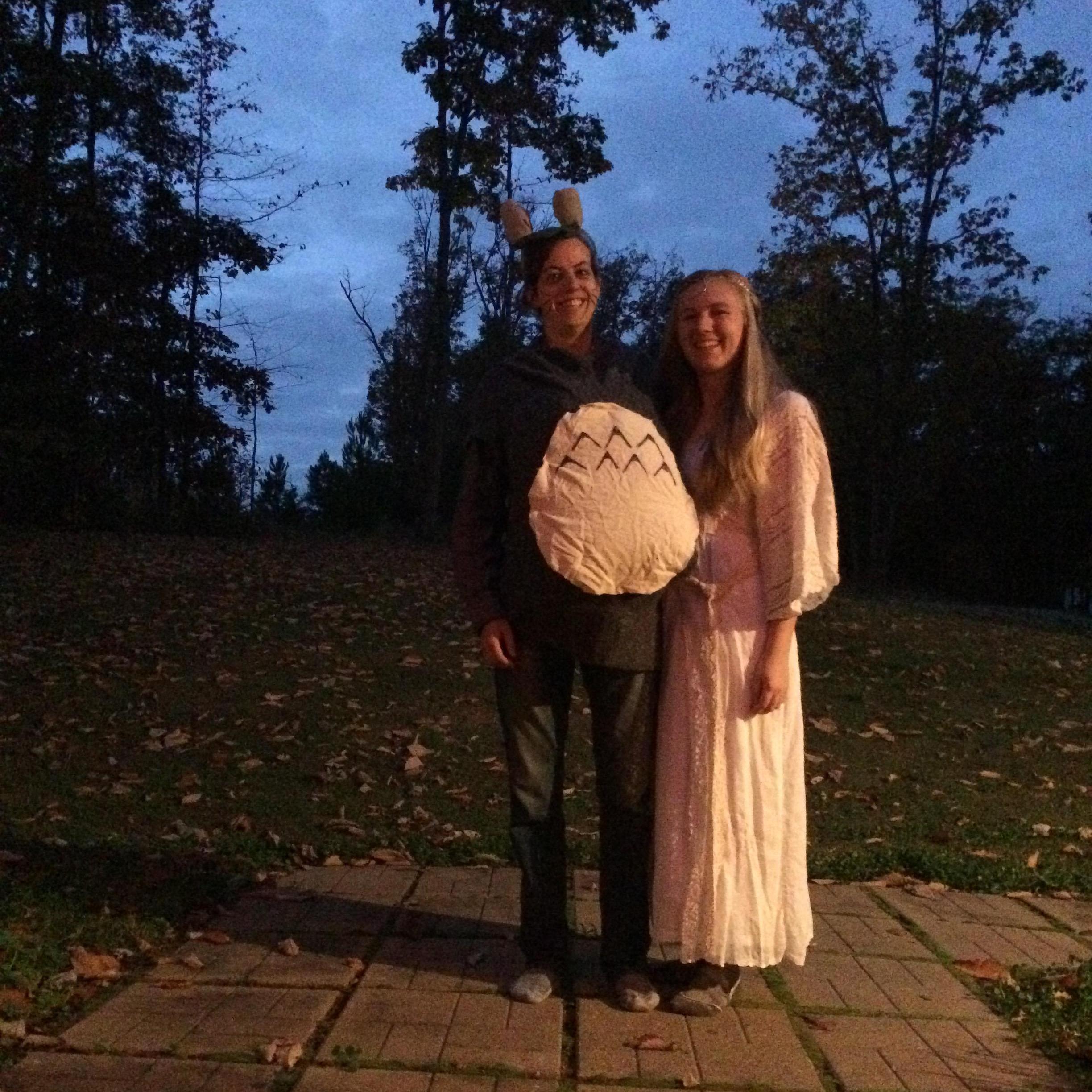 Impromptu halloween costumes - Willie as Totoro and Ashley as Galadriel