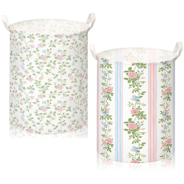 CroBlissful 2 Pcs Laundry Basket Coquette Storage Basket for Girls Nursery Hamper with Handles Foldable Waterproof Collapsible Storage Bin Organizer for College Dorms Bathroom(Floral)