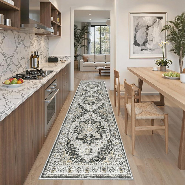 Madane Runner Rug 2x8, Washable Hallway Runner Rugs, Non-Slip Low-Pile Soft Kitchen Rug Runner Laundry Room Rug, Vintage Throw Entry Foyer Mat for Entrance Living Room (Black, 2 x 8)