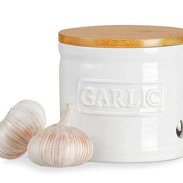 ONEMORE Garlic Keeper with Lid, Ceramic Garlic Saver 4 inch, White