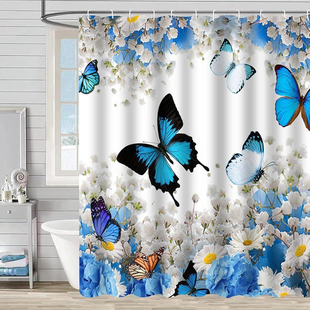 ZCHOMI Blue Butterfly Shower Curtain Floral Butterflies Shower Curtains for Bathroom Waterproof Polyester Fabric Bath Curtain 72 x 72 Inch with 12 Hooks