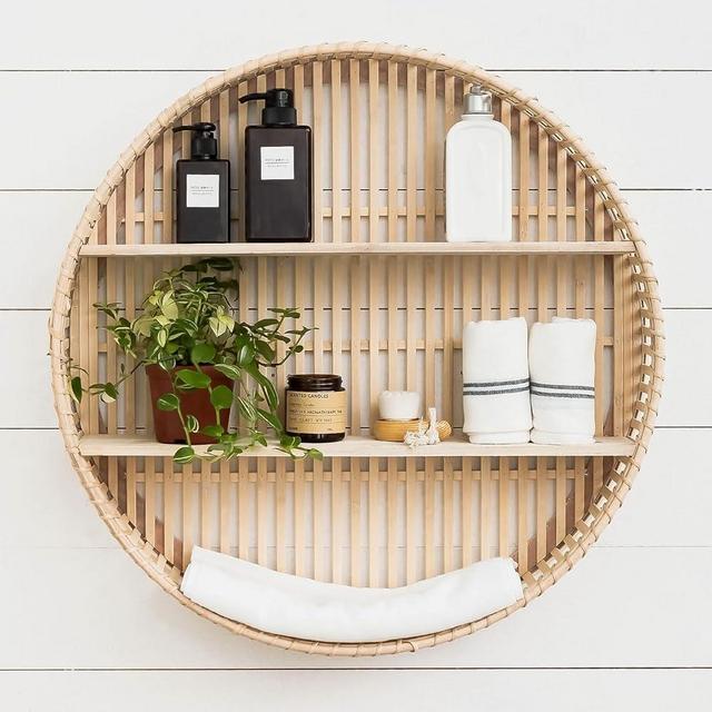 Synovana Rattan Wall Shelf 3 Tier Boho Wall Mounted Shelf Farmhouse Handcraft Round Floating Shelf Display Rack Storage Circular Hanging Shelf for Livingroom Home Decor