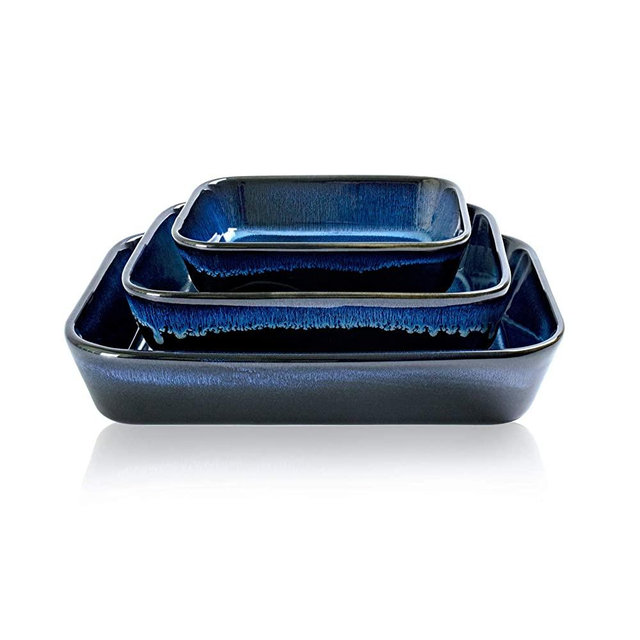 Baking Dish Set of 3, UNICASA Ceramic Bakeware Set, 9x13 Casserole Dish Reactive Glaze Space Blue, Rectangular Baking Pans for Oven, Lasagna Pans for Cooking