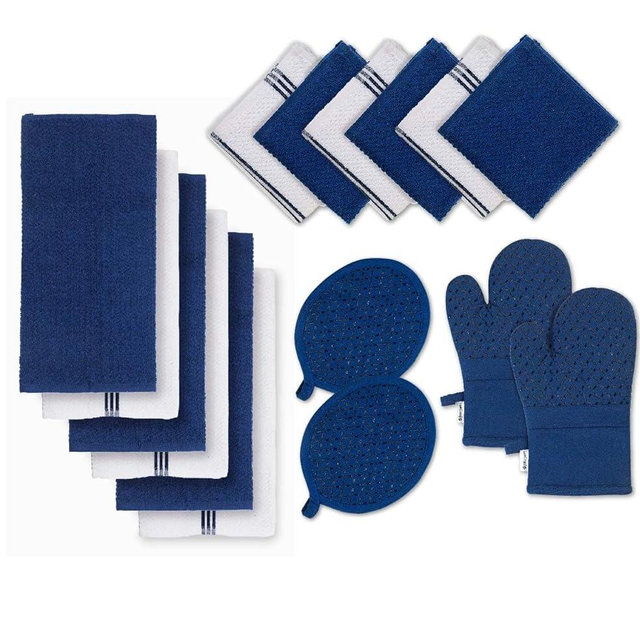 Lane Linen Tea Towels for Kitchen - 16 Pc Kitchen Towel Set with Silicone Oven Mitts and Pot Holders Sets, Cotton Kitchen Towels, Absorbent Dish Towels, Hand Towels for Kitchen - Indigo