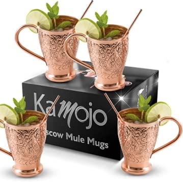 Kamojo Moscow Mule Pure Copper Cups - Handmade Embossed Set of 4 Copper Mugs - 4 Straws/Stir Sticks - 20 Recipe E-book Gift Set