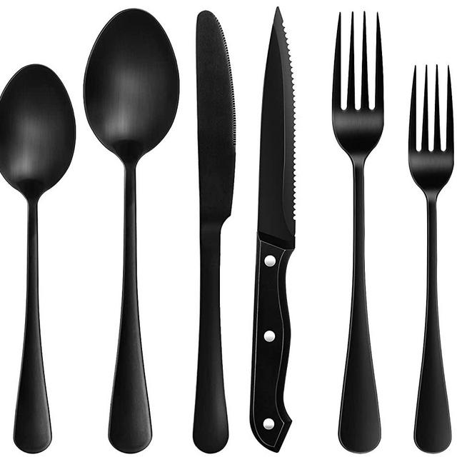 Matte Black Silverware Set, MCIRCO 48 Pieces Stainless Steel Flatware set with Steak Knives for 8, Tableware Cutlery Set, Utensils for Kitchen