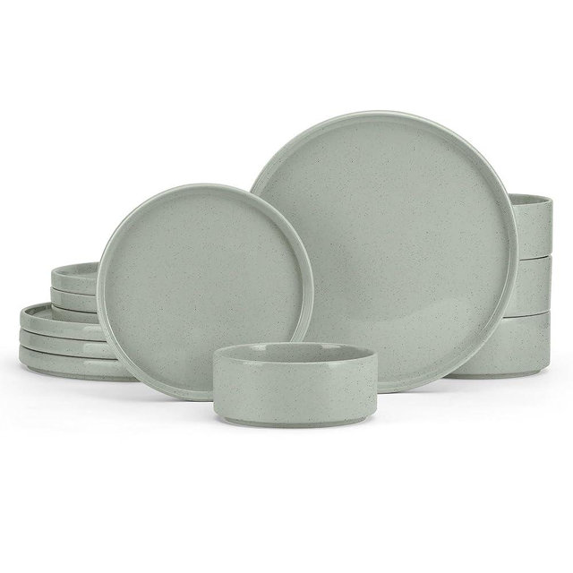 E-far Stoneware Dinnerware Sets, 12-Piece Plates and Bowls Dish Set for 4, Kitchen Modern Dinning Ware, Chip and Scratch Resistant, Microwave & Dishwasher Safe, Speckled Green