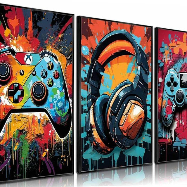 3Pcs Cool Gaming Wall Art Retro Video Game watercolor Posters Pictures Colorful Neon Gamepad Canvas Painting Prints for Boys Room Kids Game Room Bedroom for Boys Home Decoration 12x16in Unframed