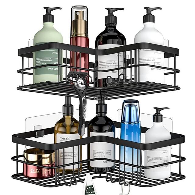 Yazoni Corner Shower Caddy 2-Pack, Bathroom Shower Organizer Rack, No Drilling Corner Shower Shelves Shampoo Holder with 8 Hooks and 6 Adhesives (Black)