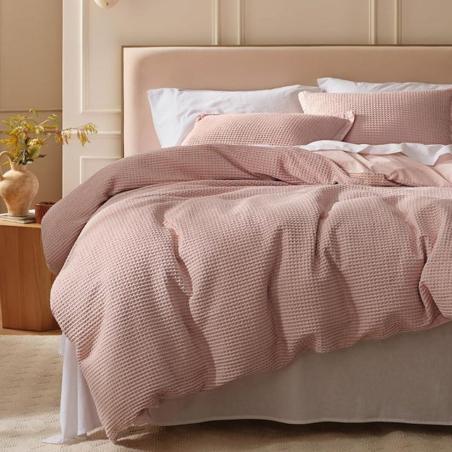 Bedsure Cotton Duvet Cover Queen - 100% Cotton Waffle Weave Pink Duvet Cover Queen Size, PureWoven Breathable Bedding Set for All Season, 3 Pieces, 90"x90"