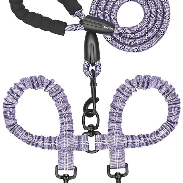 iYoShop Dual Dog Leash - 360° Swivel, No Tangle Walking Leash with Shock Absorbing Bungee for Two Dogs (Large, 25-150 lbs, Lavender)