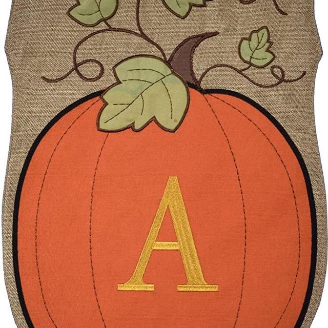 JEC Home Garden Flag Monogram Fall Pumpkin Burlap Autumn Garden Flag 12.5 x 18 (A)