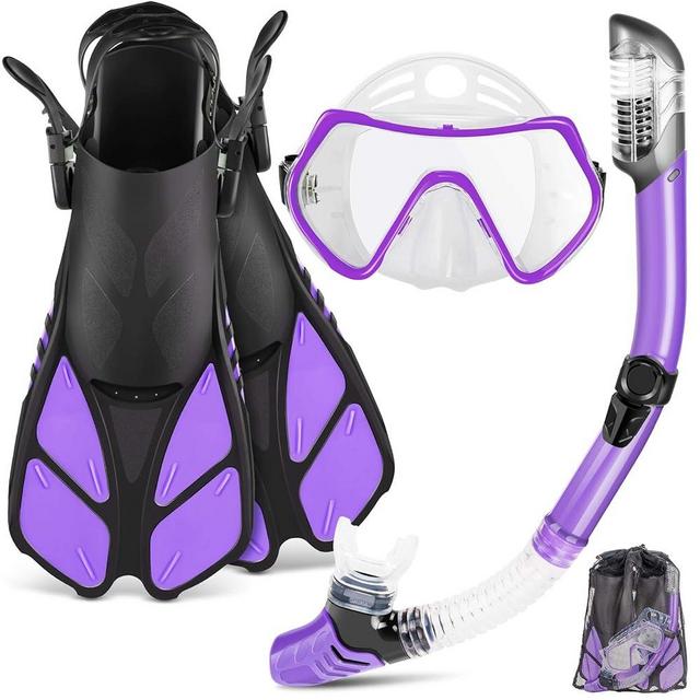 ZEEPORTE Mask Fin Snorkel Set, Travel Size Snorkeling Gear for Adults with Panoramic View Anti-Fog Mask, Trek Fins, Dry Top Snorkel and Gear Bag for Swimming Training, Snorkeling Kit Diving Packages