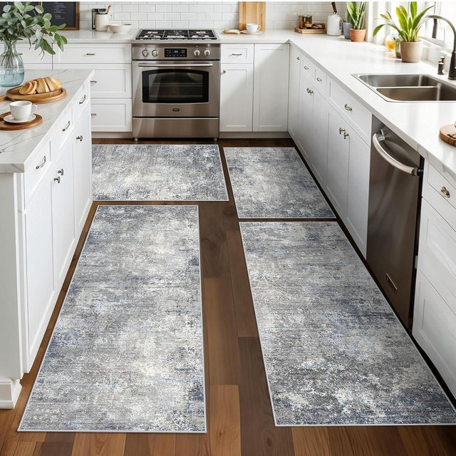 Kitchen Rug Set 4-Piece with Runner – Washable Non-Slip Floor Mats for Sink,Entryway,Hallway,Bathroom – Modern Abstract Neutral Soft Throw Rugs(Blue Grey,2x3+2x4+2x5+2x6)