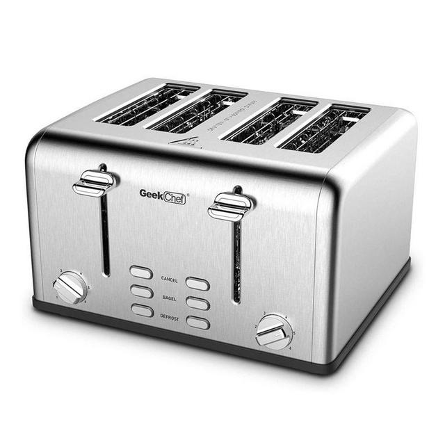 Geek Chef Stainless Steel 4 Slice Extra Wide Slot Toaster w/ Bagel/Defrost/Cancel Functions, Dual Controls, 6 Toasting Levels, & Removable Crumb Trays
