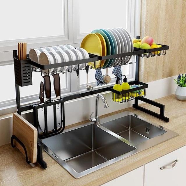 Over The Sink Dish Drying Rack Furnikko Adjustable Stainless Steel Dish Rack, Large Dish Drying Rack for Kitchen Organizer Storage Space Saver with 6 Utility Hooks(32.4 " ≤ Sink Size ≤ 40.5 ")