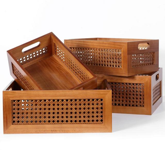Aoibox Handmade Rattan Wooden Storage Basket Set of 4 with Handles Natural Bamboo Woven Bins Rustic Farmhouse Organizer