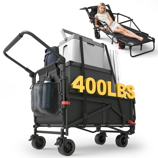 LEVELEVE Heavy Duty Folding Wagon - 2-in-1 Collapsible Cart, 400lb Capacity, All-Terrain Wheels w/Brakes & Side Pockets (Black)