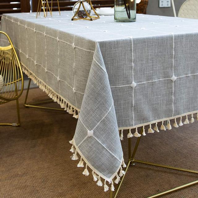 Tablecloth, TEWENE Rectangle Table Cloth Cotton Linen Wrinkle Free Anti-Fading Checkered Design Tablecloths Washable Dust-Proof for Kitchen Dining Party (Rectangle/Oblong, 55''x102'',8-10 seats, Grey)