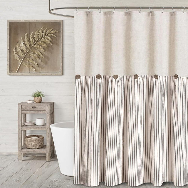 XOGUIBO Farmhouse Shower Curtain Linen Beige Button Woven Fabric Country Rustic Western, Pleated Brown Stripe 72" W x 72" L