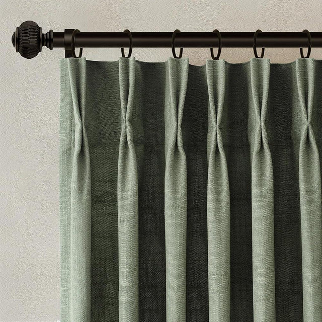COMON HOME Sage Green Pinch Pleated Linen Curtains 90 Inches Long for Living Room Bedroom with Rings Hooks Clips Back Tab Semi Sheer Curtains Light Filtering Boho Farmhouse Drapes Light Green
