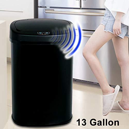 Dkeli Kitchen Trash Can for Bathroom Bedroom Home Office Automatic Touch Free High-Capacity Garbage Can with Lid Brushed Stainless Steel Waste Bin 13 Gallon / 50L - Black