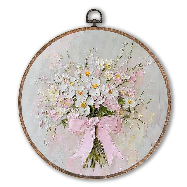 Hxlac Vintage Pink Bow Floral Bouquet Round Wall Art Framed, White Floral Round Wall Decor, Vintage Flower Hanging Canvas Prints Wall Sculptures for Bedroom Living Room Decor, 10x10 Inch