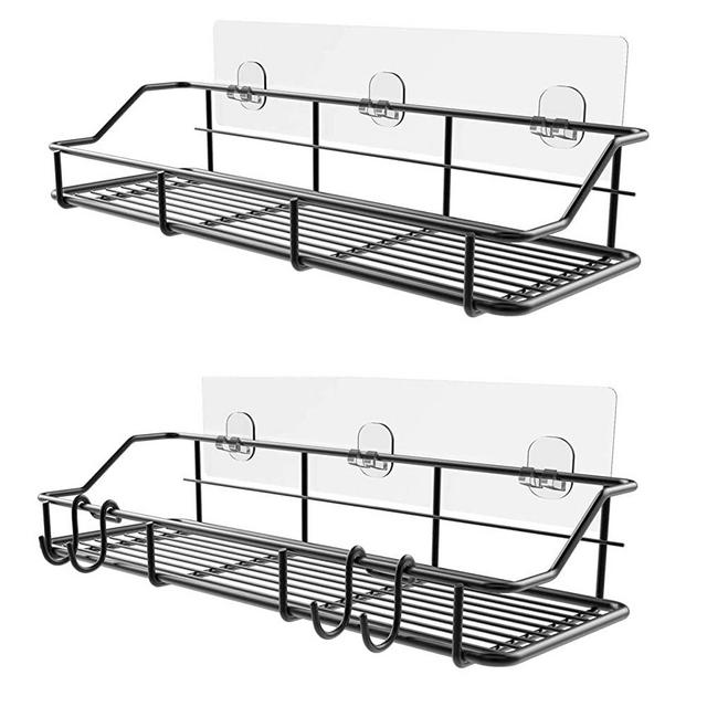KESOL Adhesive Shower Caddy Shower Shelf with Hooks, 304 Stainless Steel, 2 Pack (Black)