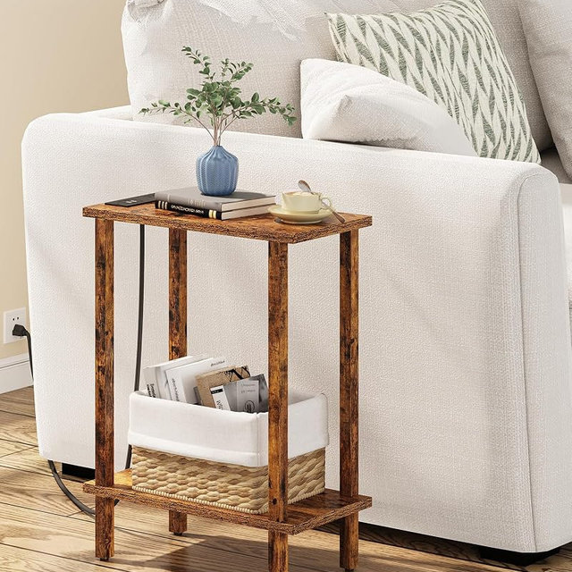 TUTOTAK Small End Table with Charging Station, Narrow Side Table with USB Ports and Outlets, Skinny Sofa Table, Slim Nightstand, Living Room, Bed Room, Pure Brown TB01BB060C
