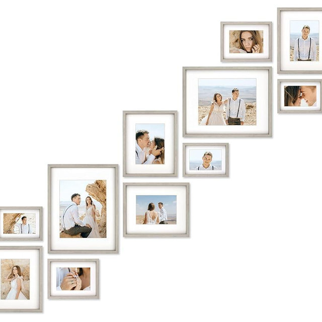 VELISTA 11 Piece Stair Picture Frame Set for Wall – Shadow Box Stairwell Gallery Wall Frame Set -Stairway Décor for Walls - Ladder Picture Frames 4x6, 5x7, and 8x10 in - Staircase Wall Décor (Gray)