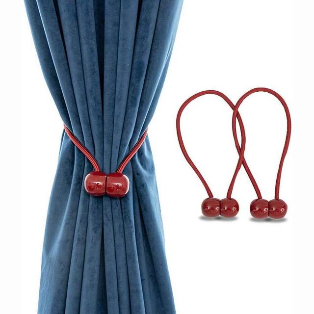 Fullgaden 2 Packs Magnetic Curtain Tiebacks with Unique Wooden Balls,Classic European Window Tie Backs Holders for Home Office Kitchen Sheer Blackout Panels, Red