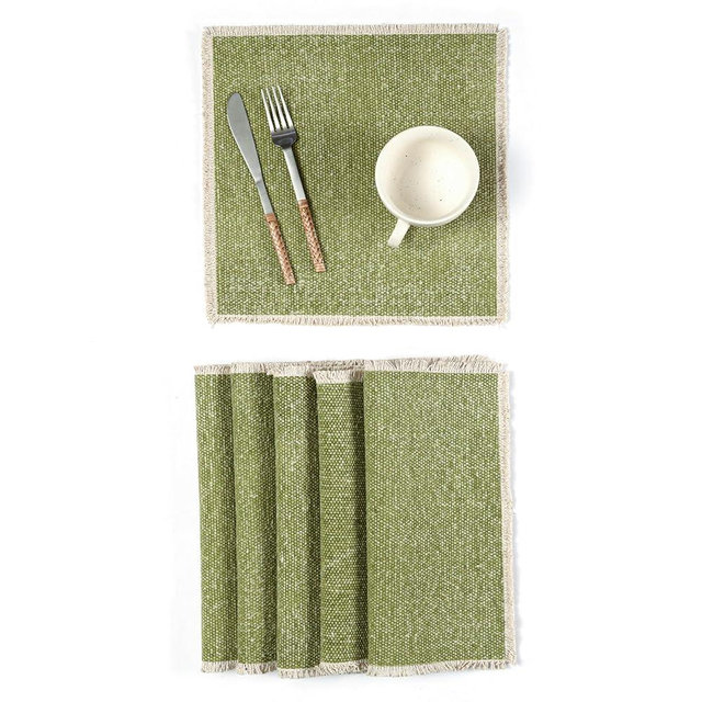 Hausattire Cotton Frayed Placemats Set of 6 Dining Table 14x14 Inch | Rustic Vintage Boho Washable Placemat for Outdoor Parties BBQ's Thanksgiving, Holiday, Christmas, Nubby Cotton - Green