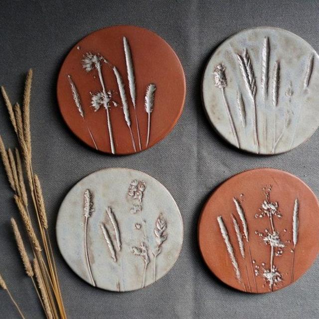 Unique Floral Coaster Set of 4, Wild Flower Terracotta Coasters, Dried Flower Imprint on Ceramic Tile, Plant Lover Present