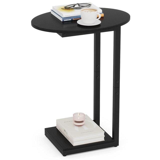 Small Side Table C Table End Table - Small Wood Coffee Table TV Tray for Eating Couch Tables That Slide Under, Modern C Shaped Side Table for Small Space, Oval Table Top Design (Cool Black)