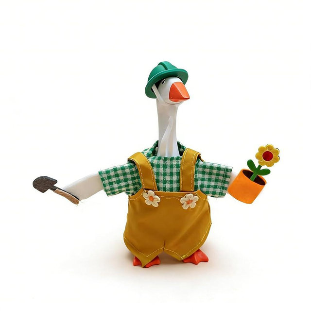 Lizxun 2Pcs 7 Inch Spring Goose Decor Set, Plaid Patchwork Overalls Hat Mini Outfit, Magnetic Gardener Goose Statue Desk Decor (Multi-Color, S)