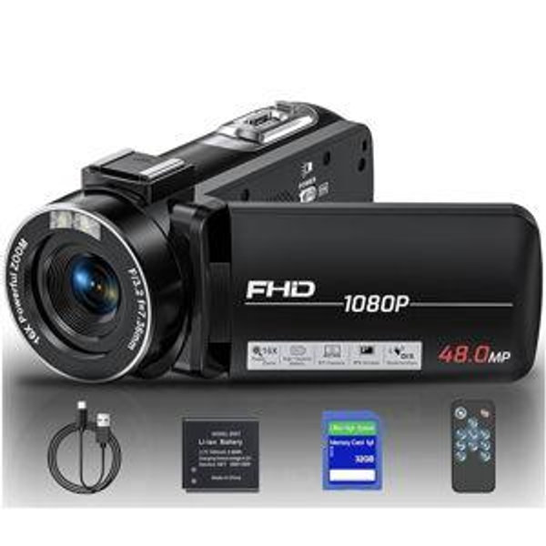 Video Camera Camcorder, Full HD 1080P 48MP Camcorder 16X Digital Video Camera for YouTube, 3.0 Inch IPS Screen Vlogging Camera Recorder with Controller, Battery and 32GB Card