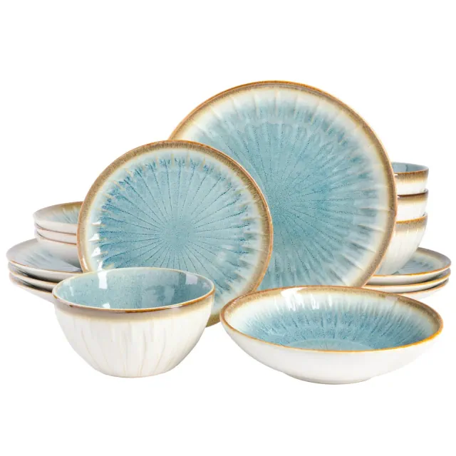 Gibson Elite Mayfair Bay 16-Piece Embossed Double Bowl Reactive Dinnerware Set Blue 17 Ounce